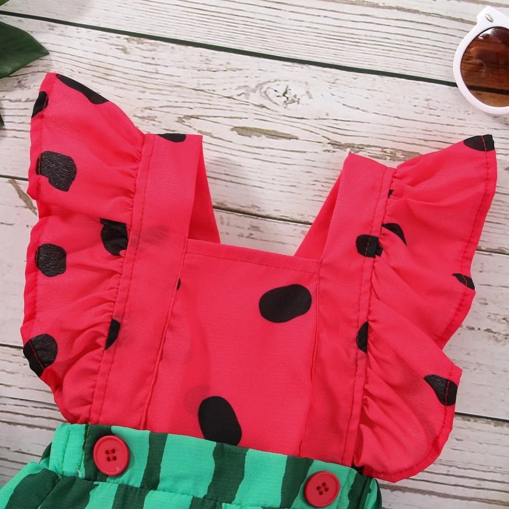 Baby Girls Watermelon Ruffle Romper Sunsuit Jumpsuit Headband Outfit Set - Picture 2 of 6